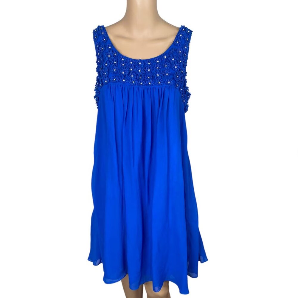 Vintage Betsey Johnson Royal Blue Rhinestone Appliqué Babydoll 100% Silk Dress